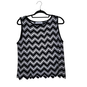 Vtg Striped Sweater Tank Womens L Black White Scallop Hem Retro Groovy Artsy